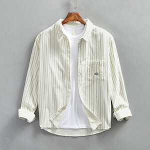 長袖シャツ　シャツジャケット 新品 メンズ コットンシャツ　カジュアルシャツ　ストライプ　トップス【ZG919】オフホワイト　XL