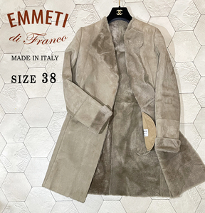 ◆定価25万円 イタリア製 エンメティ【EMMETI】ダブルフェイス 羊革 ノーカラーラペルデザイン 最高級 ふかふかムートンコート 38◆