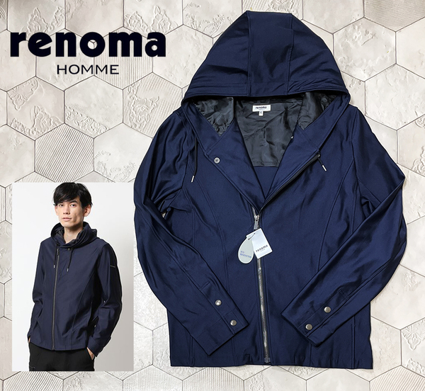 新品 レノマオム【renoma homme】ストレッチポンチ素材 ライダースパーカー 紺 XLサイズ renoma golf