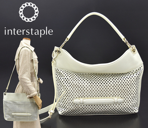 ◆春色！アバハウス/インターステイプル【interstaple】Gigi パンチングショルダー/クラッチ 3WAY 牛革 レザーバッグ 白×ゴールド◆