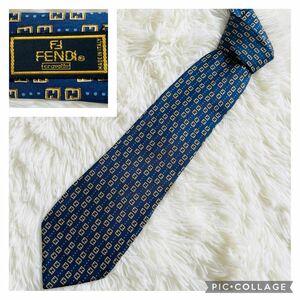 FENDI フェンディ　ズッカ柄　総柄　ネクタイ　ブルー　ネイビー　シルク　高級　イタリア製