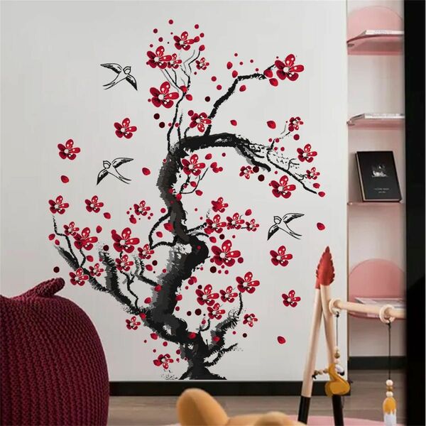 ウォールステッカー植物 冬 梅の花 絵画 赤い 花 ステッカー 木 ウォールシール