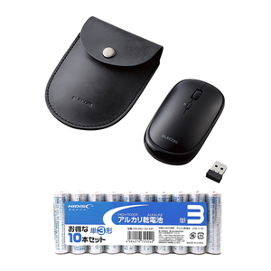 エレコム BlueLEDマウス/薄型/無線/4ボタン/ポーチ付/ブラック + アルカリ乾電池 単3形10本パックセット M-TM10DBBK+HDLR6/1.5V10P