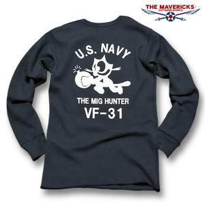 ミリタリー サーマル ワッフル 長袖 Tシャツ L メンズ 米海軍 NAVY 黒猫 MAVEVICKS ブランド 紺 ネイビー