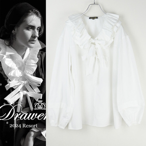 Drawer ドゥロワー 今季24SS フリルリボンブラウス38 美品 ホワイト コットンシャツ ボリュームスリーブ 定価7.5万円