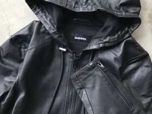 美品 DIESEL シープスキン ラムレザー フーデッドジャケット S ディーゼル メンズ ブルゾン ライダース 革ジャン 本革 羊革 黒 ブラック