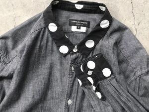 AD2011 COMME des GARCONS HOMME PLUS ブラックシャンブレーシャツ S コムデギャルソン メンズ 長袖 ドット柄