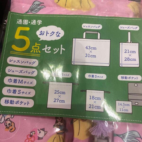 ディズニー　プリンセス　レッスンバッグ　シューズケース　ポケットポーチ　巾着　入園入学5点セット