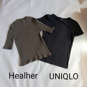 【Healher】五分丈【UNIQLO】半袖　トップス　カットソー２枚セット　カーキ　F　ブラック　M