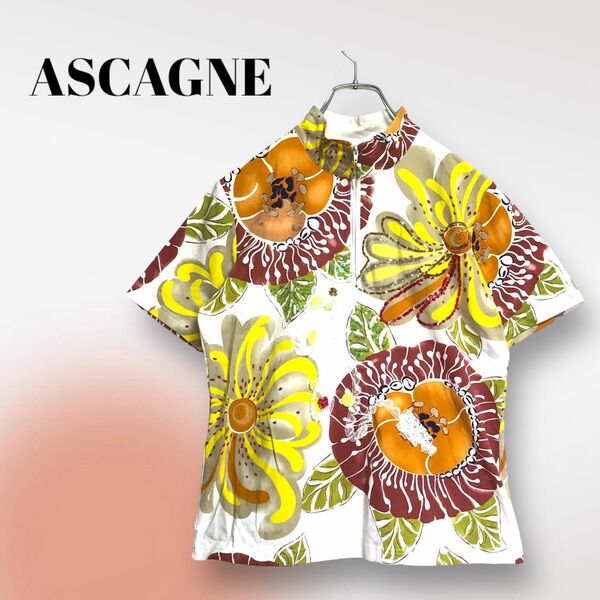 【ASCAGNE】ハーフジップシャツ (M) カラフル ビーズ 半袖 おしゃれ
