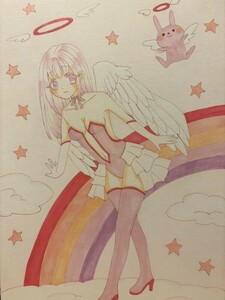 手描きイラスト　天使　うさぎ　ピンク　女の子　A4