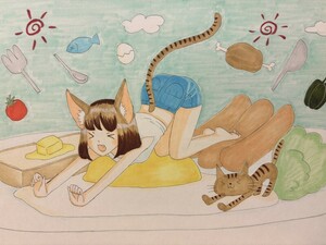 手描きイラスト　朝ご飯　猫　女の子　A4