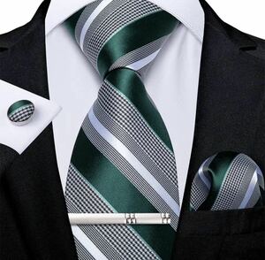 【4点セット】ネクタイストライプ結婚式卒業式緑グリーン銀シルバーネクタイピン