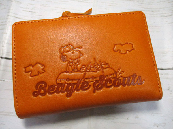 新品 スヌーピー 財布 レディース 二つ折り L字ラウンド SNOOPY 本革 Beagle Scouts ビーグルスカウト 可愛いデザイン オレンジ