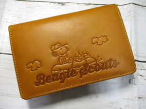 新品 スヌーピー 財布 レディース 二つ折り かぶせ SNOOPY 本革 Beagle Scouts ビーグルスカウト 可愛いデザイン キャメル