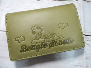 新品 スヌーピー 財布 レディース 二つ折り かぶせ SNOOPY 本革 Beagle Scouts ビーグルスカウト 可愛いデザイン グリーン