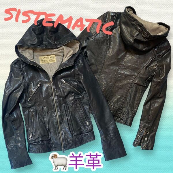 ★sistematic★ 羊革 本革 レザージャケット フード付き ブラック 柔らかい