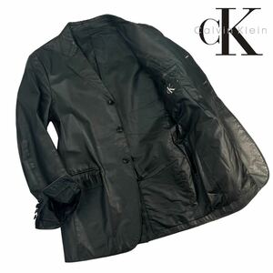 美品 90's Calvin Klein カルバンクライン 3Bレザーテーラードジャケット サイズM ブラック 牛革 肩部分.脇下.ポケットに汚れ.スレ有 A2278
