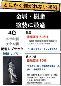 金属・樹脂に最適！とにかく剥がれない スプレー塗料４色（メッキ調/チタン調/艶消しブラック/艶消しブルー）塗膜強度ガラスコーティング級