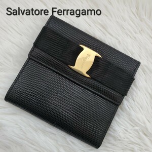 1円スタート　1スタ　美品　Salvatore Ferragamo　フェラガモ ヴァラ がま口 二つ折り財布 黒　ブラック　革　レザー　