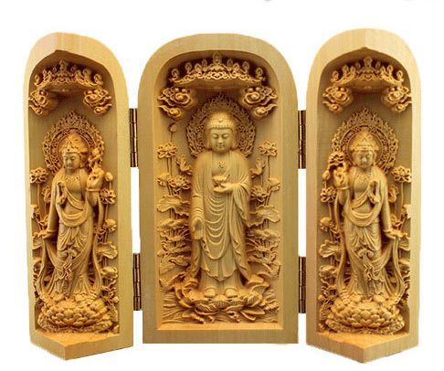 [Tsuge Buddha Statue] ◆ Jodo Sect Western Three Sacred Statues Opening/Closing Tube Type ◆ Natural/Natural Wooden/Handmade/Handmade/Detailed Sculpture/Interior/Present/Good luck Feng Shui amulet, residence, interior, Buddhist altar, Buddhist utensils, others