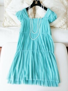 【美品】LANVIN en Bleu ランバンオンブルー◆ミントグリーンのプリーツドレス◆サイズ３８