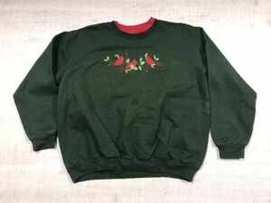 TOP STITCH by Morning Sun オールド アメカジ カントリー 90s 古着 ラインストーン 花鳥 刺繍 スウェット トレーナー レディース L 緑