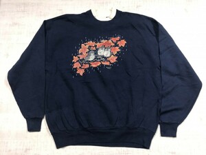 USA製 MORNING SUN JERZEES モーニングサン ジャージーズ オールド カントリー 90s 花鳥プリント スウェット トレーナー レディース XL 紺