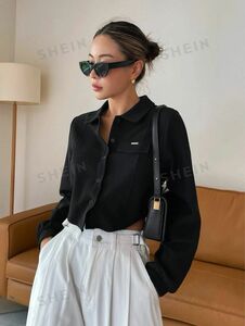 SHEIN DAZY フラップ詳細 カーブヘム クロップシャツ