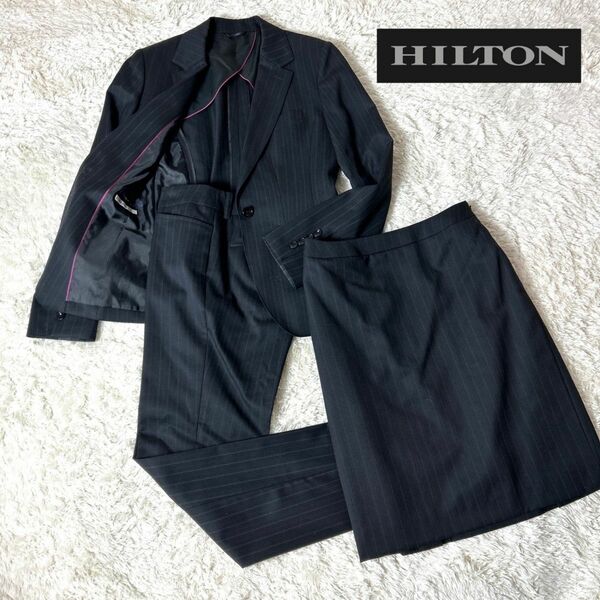 【美品】HILTON スーツ3点セット1B ブラック×ストライプビジネススーツ XS