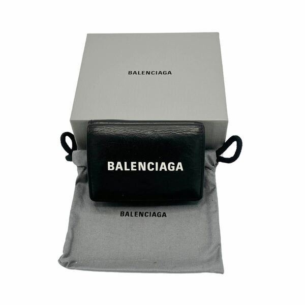 【良品】バレンシアガ BALENCIAGA 505055 レザー ロゴ エブリデイ ミニウォレット 三つ折り財布 ブラック