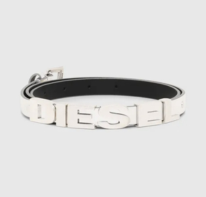 ★新品未使用/DIESEL/価格11880円★タグ付 ディーゼル レディース ロゴ メタリック 細 ベルト シルバー 80