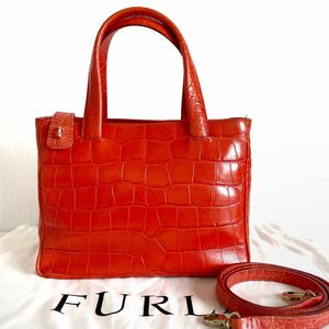 フルラ FURLA 2way ショルダーバッグ ハンドバッグ クロコ型押し 斜め掛 肩掛け レザー オレンジ