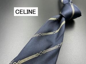 【美品】CELINE　セリーヌ　ロゴ＆レジメンタル柄　ネクタイ　3本以上送料無料　ネイビー系　0205225