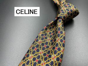 【超美品】CELINE　セリーヌ　ロゴ＆チェック柄　ネクタイ　3本以上送料無料　ネイビー　0302146