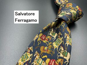 【超美品】Salvatore Feragamo　フェラガモ　動物柄　ネクタイ　3本以上送料無料　ネイビー　0303092