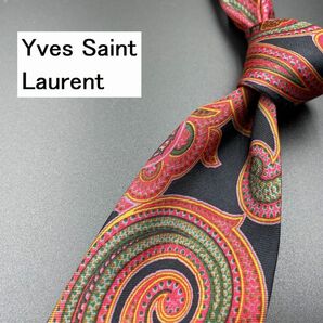 【美品】YvesSaintLaurent サンローラン ペイズリー柄 ネクタイ 3本以上送料無料 ブラック 0304115の画像1