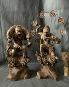 井波彫刻　仏教工芸品　総楠製　極上彫　木彫仏像　風神雷神図一式