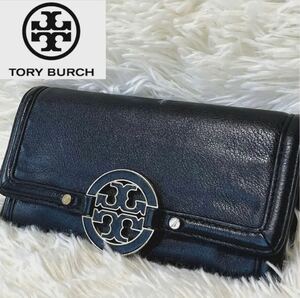 【未使用級・美品】TORY BURCHトリーバーチ アマンダ 財布 レザー 黒 デカロゴ