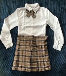 チェック柄プリーツスカート+リボン＋ワイシャツのセット　女子高生