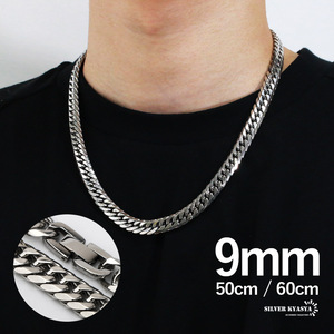 幅9mm ステンレス 喜平ネックレス 中折式 ダブル喜平チェーンネックレス シルバー 銀色 (60cm)