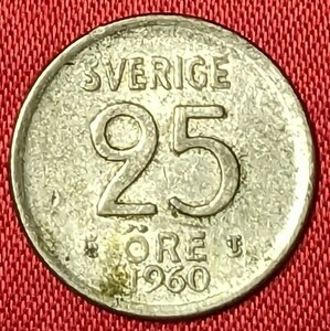 スウェーデン　25オーレ銀貨　1960年TS　【王冠・イエロートーン】 　　　玉ちゃんNo.3197