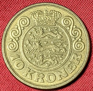 デンマーク　10クローネ黄銅貨　1989年 　【マルグレーテ2世】　　玉ちゃんNo.3139