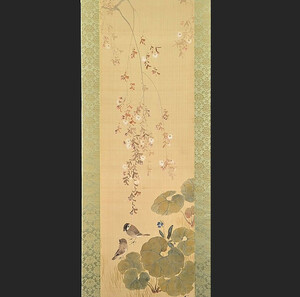 Art hand Auction Shijo School Yamaguchi Tosai Silk version of Cherry Blossoms and Sparrows Authentic Weeping Cherry Blossoms for Spring Cute Japanese Paintings Published by Tosui Kubota and Bunkyo Nomura Hanging Scroll Hanging Scroll Calligraphy, painting, Japanese painting, flowers and birds, birds and beasts
