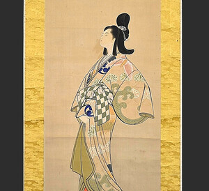 浮世絵師 新井芳宗（二代目 歌川芳宗）「遊女 高尾之図」真作 観月図 月岡芳年師事 肉筆浮世絵 美人画 日本画 花魁 掛け軸 掛軸 書画