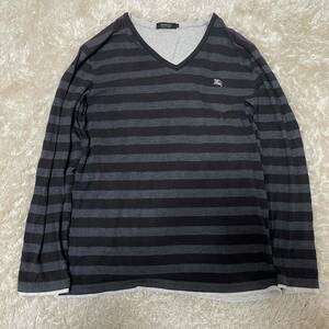 BURBERRY BLACK LABEL バーバリーブラックレーベル カットソー 長袖Tシャツ Vネック ボーダー レイヤード風　長袖カットソー 3 Lサイズ