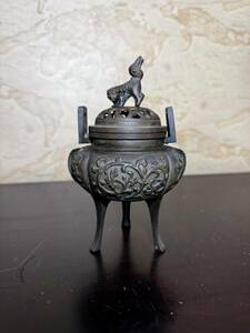 中国美術 底款 古銅製 香炉 双耳三足香炉 中国古玩 唐物 茶道具 香道具 銅器