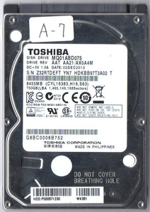 東芝 2.5inch HDD MQ01ABD075 750GB 9.5mm厚 CrystalDiskInfo：正常判定 1592時間 A7