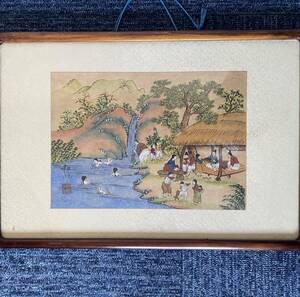 【真作】【芸】静湖（山水人物）朝鮮画　風俗画　朝鮮美術　韓国　古美術　肉筆紙本　額