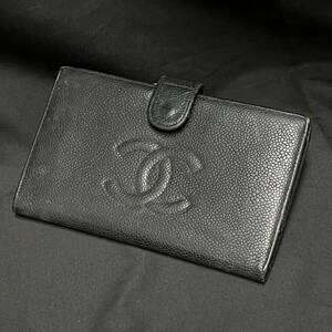 CCK074H CHANEL シャネル キャビアスキン ココマーク がま口2つ折り長財布 ブラック